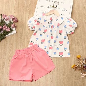 2022 İlkbahar Yaz Kız giyim setleri Dantel Yaka Üstleri + Çiçek Kısa Etek 2 Adet Takım Elbise Prenses Toddler Bebek Çocuk Çocuk Giysileri