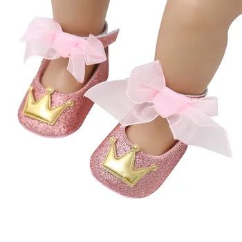 Yay Düğüm Riband Sequins Bebek Kız Ayakkabı Deri Toddler Bebek Kız İlk Yürüyüşe Emperyal Taç Yumuşak Taban Kanca ve Döngü pembe ayakkabı