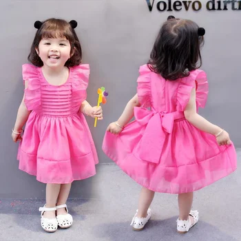 Bebek Kız Elbise 2022 Yaz Yeni Moda Çocuk Tatlı Ruffled Kendini Düğüm Yay Kolsuz Prenses Kostüm Çocuk Giyim 1-6 yıl