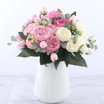 30cm Gül Pembe İpek Şakayık yapay çiçekler Buket 5 Büyük Kafa ve 4 Tomurcuk Ucuz Sahte Çiçekler Ev Düğün Dekorasyon için kapalı