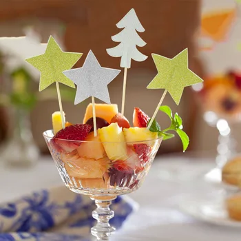 20 adet Noel Seçtikleri Noel Serisi Sopa Sanat Kürdan Cupcake / Meyve / dondurma Toppers Parti Dekorasyon altın / gümüş yıldız / ağaç