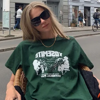 Kadın Mektubu Orman Baskı T-Shirt Yuvarlak Boyun Kısa Kollu Baskı Gevşek Gömlek Casual Sokak Zayıflama Yeşil Üstleri