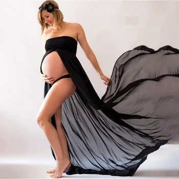 Omuzsuz hamile elbiseleri Fotoğraf Maxi Elbise Bölünmüş Yan Kadınlar Hamile Elbise Fotoğraf Çekimi Uzun Sahne Zarif Kumaş