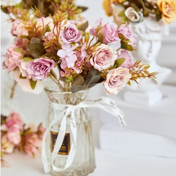 27 Cm Gül Pembe İpek Yapay Çiçek Buketi Ucuz Sahte Çiçekler, Aile Düğün Dekorasyon İçin uygun Kapalı