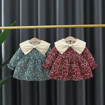Laura Kors Kış Yeni Gelenler Kız Elbise Örme Uzun Kollu O Boyun Çiçek Kırmızı Yeşil Sevimli Tatlı Bebek Elbise Vestidos 18 M-6 T