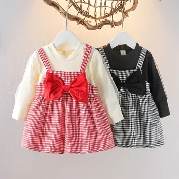 Bebek Kız bebek ekose uzun kollu elbise bahar Sonbahar güzel yeni Yürümeye Başlayan çocuk Kore küçük kız prenses elbise kızlar için