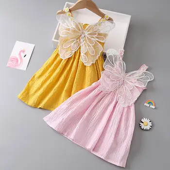 Bebek Kız Yaz Sevimli Elbise Dantel Kelebek Jartiyer Çiçek Elbiseler Yürüyor Çocuk Kolsuz Pembe Sarı Vestidos