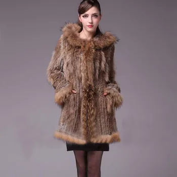 Ofis Bayan Haki Orta Uzunlukta Ceketler Kadın Kış sıcak Gerçek Kürk Palto Örme Rakun Köpek Kürk Tavşan Kapşonlu Lüks Paltolar