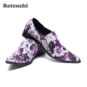 Batzuzhi Baskı Çiçekler Resmi Deri Elbise Ayakkabı Erkekler için El Yapımı Erkek deri ayakkabı Sivri Burun Parti ve Düğün Ayakkabı Erkek