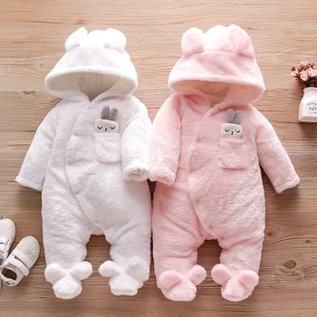 2022 Bebek Kız Giysileri Katı Polar Tavşan Kapşonlu Ayaklı / Uzun kollu Bebek Tulum Unisex Bebek Kış Giysileri Yenidoğan için
