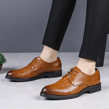 Deri ayakkabı erkek Kore versiyonu timsah desen takım elbise kahverengi İngiliz iş rahat erkek ayakkabıları