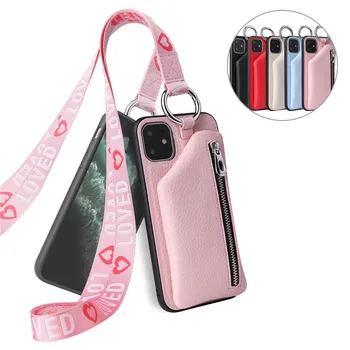 PU Deri Fermuar Cep Cüzdan Sikke çanta Telefon Kılıfı için iPhone 12 Mini 11 Pro Max 6 7 8 Artı SE2020 X XS XR Boyun Kordon Kapağı