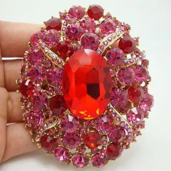 TTjewelry Vintage Stil Oval Damla Altın Sesi Art Nouveau Broş Pin Kırmızı Rhinestone Kristal Kolye