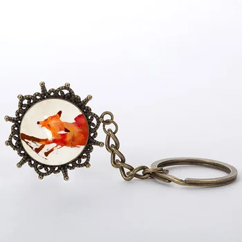 Vintage Anahtarlıklar Kırmızı Tilki cam boyama Kubbe Cabochon Anahtarlık Çiçek Şekli Kolye Anahtarlık hayvan figürlü mücevherat Aksesuarları
