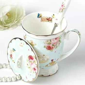 Avrupa yaratıcı pastoral kapaklı kupa kaşık seramik fincan kemik çini kahve fincanı su bardağı süt kupası kişilik çay bardağı LB40114