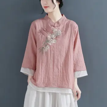 Woofin Sahte iki pamuk Ve Keten Gömlek Retro Pan düğme İşlemeli bluz Çin Tarzı kadın giyim