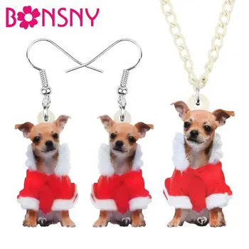 Bonsny Akrilik Noel Elbise Chihuahua Köpek takı seti Bırak Dangle Hayvan Kolye Küpe Kadınlar Için Kız Genç Hediye Aksesuarı