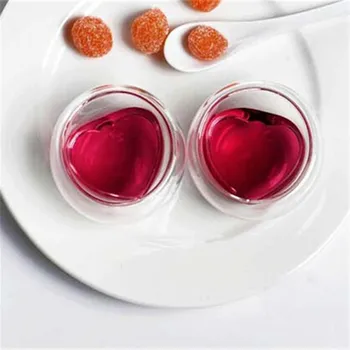 6 adet / paket 50 ml Kalp Şekli Mini Çift Duvar El Yapımı Cam çay bardağı, Minyatür Çin Kung Fu çay bardağı seti Sevgilisi için Hediye