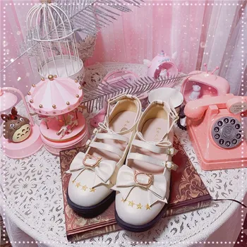 Japon Tatlı Lolita Prenses Ayakkabı Sevimli Yay Düşük Topuk Yuvarlak Kafa Siyah / pembe / beyaz / mavi / kahverengi Flats Platformu Kawaii Lolita Ayakkabı