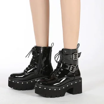 Siyah Goth Çizmeler Kadın Platformu Tıknaz Sonbahar Kış Ayakkabı yarım çizmeler Kadın Dantel-up Punk Topuklu Demonia Çizmeler artı büyük boyutu 43
