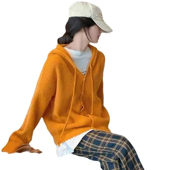 Kapüşonlu süveter ceket kadın 2021 sonbahar gevşek tembel hırka düz renk rahat örme ceket hırka kadın