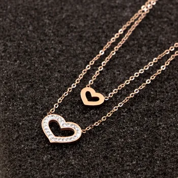 Moda Paslanmaz Çelik Kristal Aşk Kalp Çift katlı Zincir Kolye Kolye Gül Altın Renk Kadın Kadın noel hediyesi