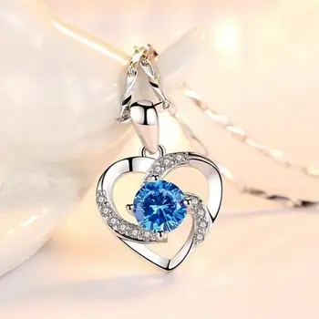 Moda kalp mavi kristal kolye kadın Trend kolye takı yıldönümü hediyesi