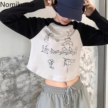 Nomikuma Blusas Mujer De Moda 2022 Karikatür Baskı Kontrast Renk Patchwork Y2k Estetik Uzun Kollu Tees Retro harajuku tişörtler