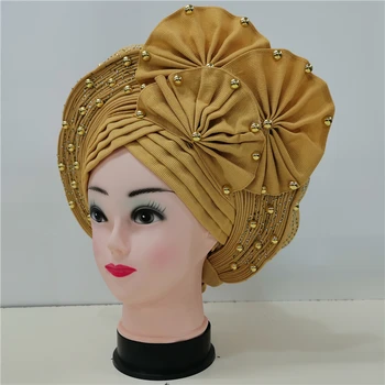 afrika Otomatik Gele altın headtie boncuk ve rhinestones ile kadın şapkalar nijeryalı türban zaten yapılmış