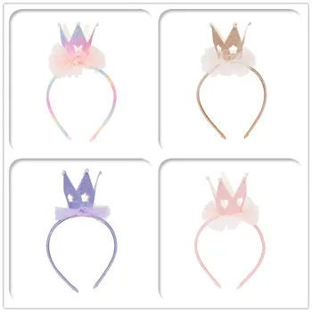 Butik 12 adet Moda Sevimli Glitter 3D Degrade Tiaras Hairbands Katı Taç Gazlı Bez Çiçek Saç Sopa Prenses Parti Şapkalar