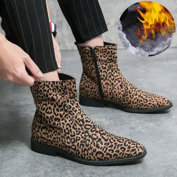 Erkekler Leopar Baskı Patik Batı Ayakkabı Yan Fermuar Pull-on Çizmeler Sivri Burun Ayak Bileği Chelsea Çizmeler lüks tasarımcı Polar ayakkabı