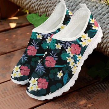 ELVISWORDS kadın düz ayakkabı Hawaii tropikal yapraklar Plumeria Ebegümeci baskı hava Mesh Sneakers için kadın ışık plaj ayakkabısı zapato