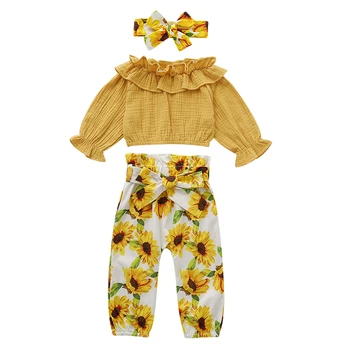 Butik Kız Giysileri 3 adet Toddler Bebek Kız Fırfır Uzun Kollu Üstleri Ayçiçeği + Pantolon + Kafa Bandı Kıyafetler Sonbahar Giysileri