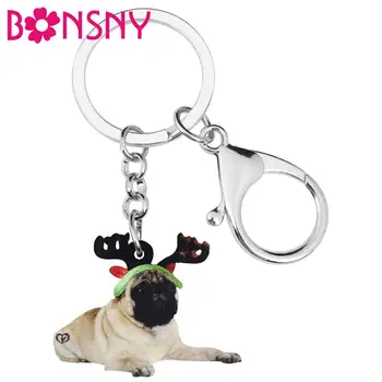 Bonsny Akrilik Noel Boynuzları Pug Köpek anahtar zincirleri hayvan figürlü mücevherat Yüzük Çanta Araba Çanta Süslemeleri Anahtarlıklar Kadınlar Kız Hediye Için