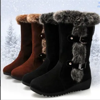 Yeni Kış Kadın Çizmeler Rahat Sıcak Kürk Orta Buzağı Çizmeler ayakkabı Kadın Slip-On Yuvarlak Ayak takozlar Kar Botları ayakkabı Mujer Artı boyutu 42