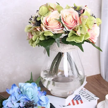 9 adet Yapay Gül Gül Ortanca ipek çiçek Gelin Buketi DIY Çelenk Düğün Ev Partisi Dekorasyon İçin
