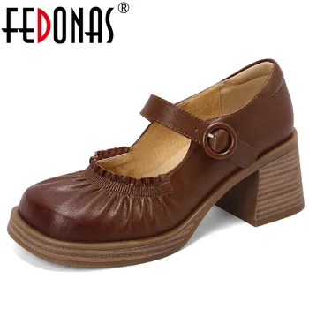 FEDONAS Zarif Vintage Kadınlar Pompalar İlkbahar Sonbahar Parti Kalın Topuklu Ruffles Hakiki Deri Platformları Mary Janes Ayakkabı Kadın