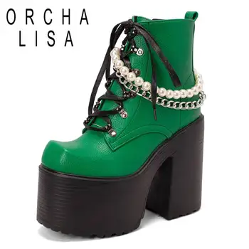 ORCHA LISA Bayanlar yarım çizmeler Kare Ayak Tıknaz Yüksek Topuklu 14 cm Platformu Tepe 8 cm Fermuar Lace Up Zincir Boncuk Büyük Boy 43 44 Punk