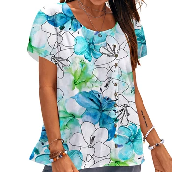 CLOOCL Kadın T-shirt Basit Çiçek 3D Baskılı Tees Düğme Süslemeleri Kısa Kollu Yaz Gevşek Rahat Kadın Bluzlar