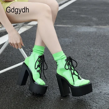 Gdgydh Crandy Renk Şeffaf Sandalet Kadınlar ıçin Topuklu Burnu açık Lace Up Slingback platform ayakkabılar Beyaz Siyah Blok Topuklu Yaz
