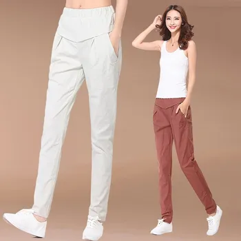 Bayanlar rahat pantolon %95 % pamuk bahar ve yaz oldu ince yüksek bel pantolon harem pantolon elastik bel ince kesit pantolon