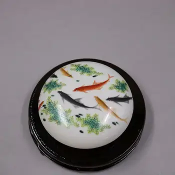 Çin Famille Gül Porselen Koi Sazan Balık Desen Mürekkep Kutusu Rouge Kutusu 4.21 inç