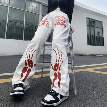 Yeni Sonbahar hip-hop sokak Kadın Kot gotik retro iskelet parmak kot pantolon baggy düz bacak pantalones femme pantolon