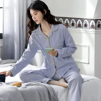 Moda Bahar Yaz Pamuk 2 Parça Pijama Set Kadın Yeni Baskılı Renkli Pijama Uzun Kollu Pijama Kadın Uyku Ev Tekstili