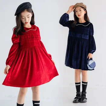 2022 Retro Genç Kız Elbise Zarif Sonbahar Kış Çocuklar Kızlar için Elbiseler Prenses Elbise Noel Kostüm Çocuk Giyim