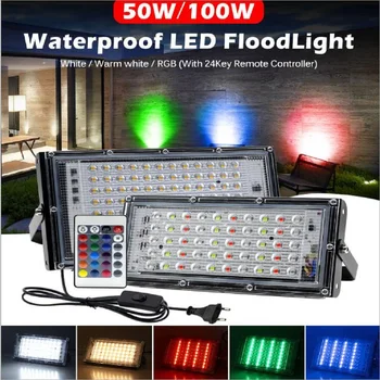 LED sel ışıkları AB Anahtarı fişi İle 220V 50W 100W Uzaktan Kumanda RGB Su Geçirmez Spot Lamba Sıcak Beyaz Projektör
