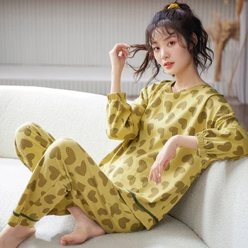 Kadın Kalp Desen Pijama Set Büyük Metre M-3XL Pijamas Mujer Sonbahar Tatlı Sevimli Uzun Kollu O-Boyun Gecelik Pamuk Ev Tekstili