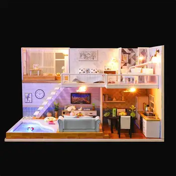DIY minyatür Dollhouse hediye ışıkları ile Playset çok seviyeli yaratıcı oda kadınlar gençler için