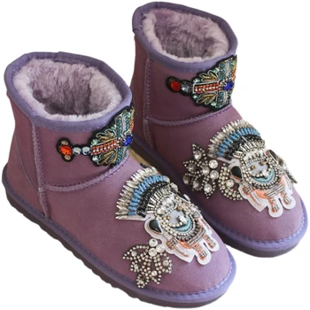 Renkli Rhinestones Kadın Kar Botları Kış Ayakkabı Bayanlar Pembe Hakiki Deri Düz Ayak Bileği Patik Sıcak Peluş pamuklu ayakkabılar Kadın