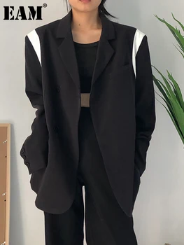 [EEM] Kadınlar Siyah Renk blok Büyük Boy Blazer Yeni Yaka Uzun Kollu Gevşek Fit Ceket Moda Gelgit Bahar Sonbahar 2023 1DF1479